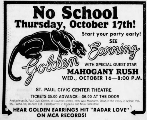 Golden Earring October 16 1974 St. Paul - Civic Center show show ad